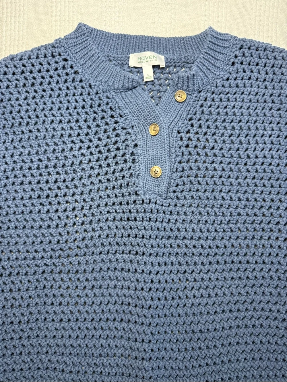 Haven Well Within Blue Knot Stitch Short Sleeve Henley Sweater M